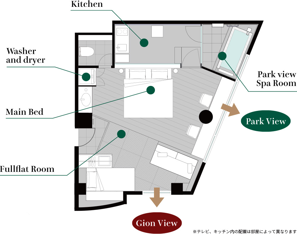 Kitche Washer and dryer main Bed Fullflat Room Park view Spa Room  Park View Gion View ※テレビ、キッチン内の配置は部屋によって異なります